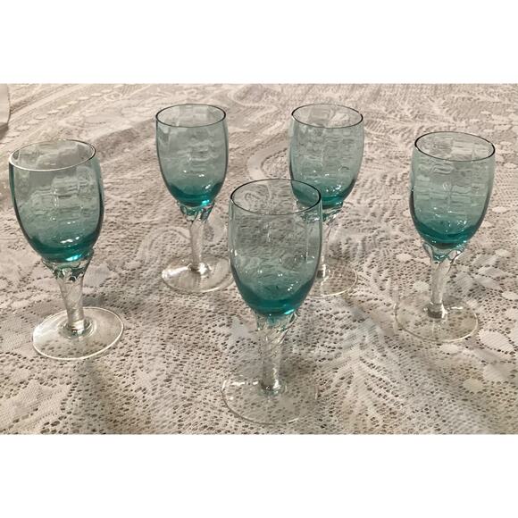 Empoli Italian Teal Blue Twisted Stemware 5 Stem Cordials Glass Set 4.25” - Picture 5 of 9